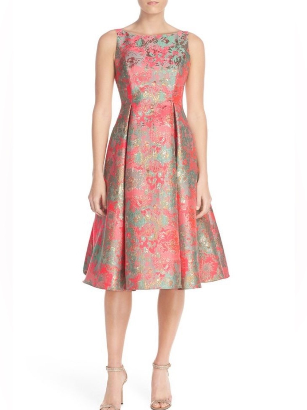 NWT Adrianna Papell Pink & Gold Metallic Floral Jacquard Midi Dress Size 4